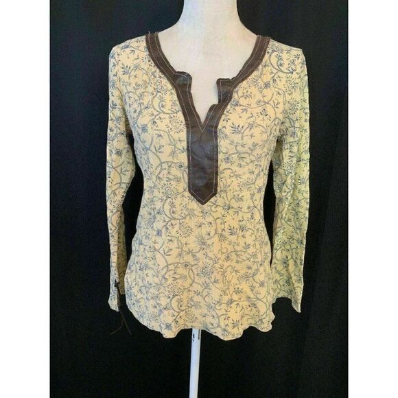Ruth Anthropologie Womens Yellow Brown Leather Long Sleeve Leather Top Small - Picture 1 of 8